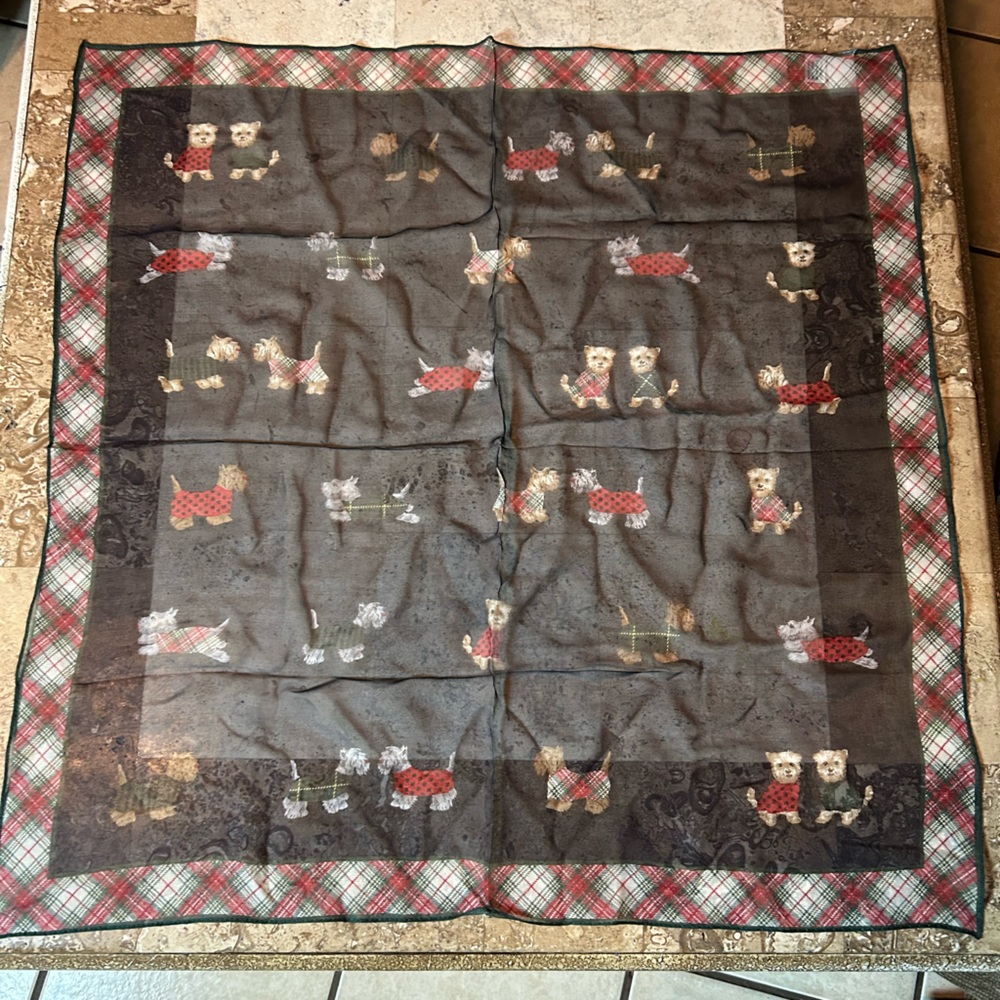 Talbots Scottish Terrier 100% Silk Scarf Red Green Plaid Hand Rolled Sheer Dogs